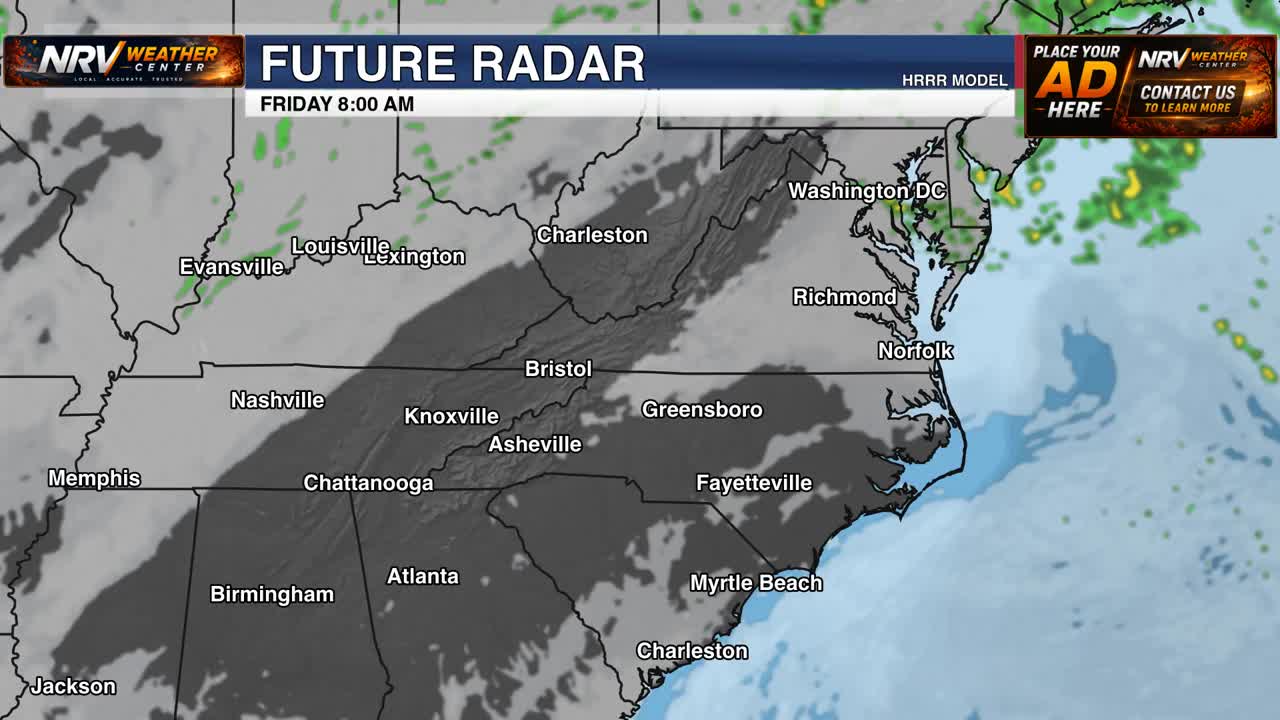 Actual HRRR model future radar animation frame produced for NRV Weather Center, showing the southeastern United States