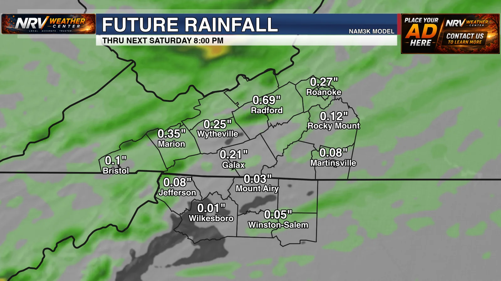 Actual NAM3k future rainfall accumulation map for Southwest Virginia, showing modeled rainfall and selected city totals